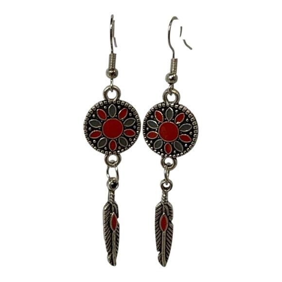 Silver & Red Boho Feather Dangle Earrings Western Mandala Drop Design - Picture 2 of 4